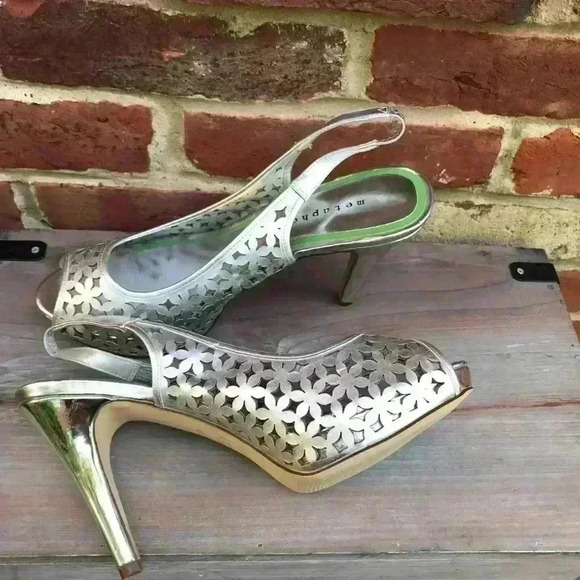 METAPHOR Platform Pump Heels Silver Cut Out Open Toe Sling Back Heels Size 9 - Picture 3 of 8